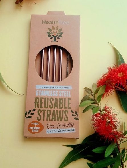 HEALTHTREE Rose Gold Stainless Steel Reusable Straws 4 Pack + Cleaning Brush